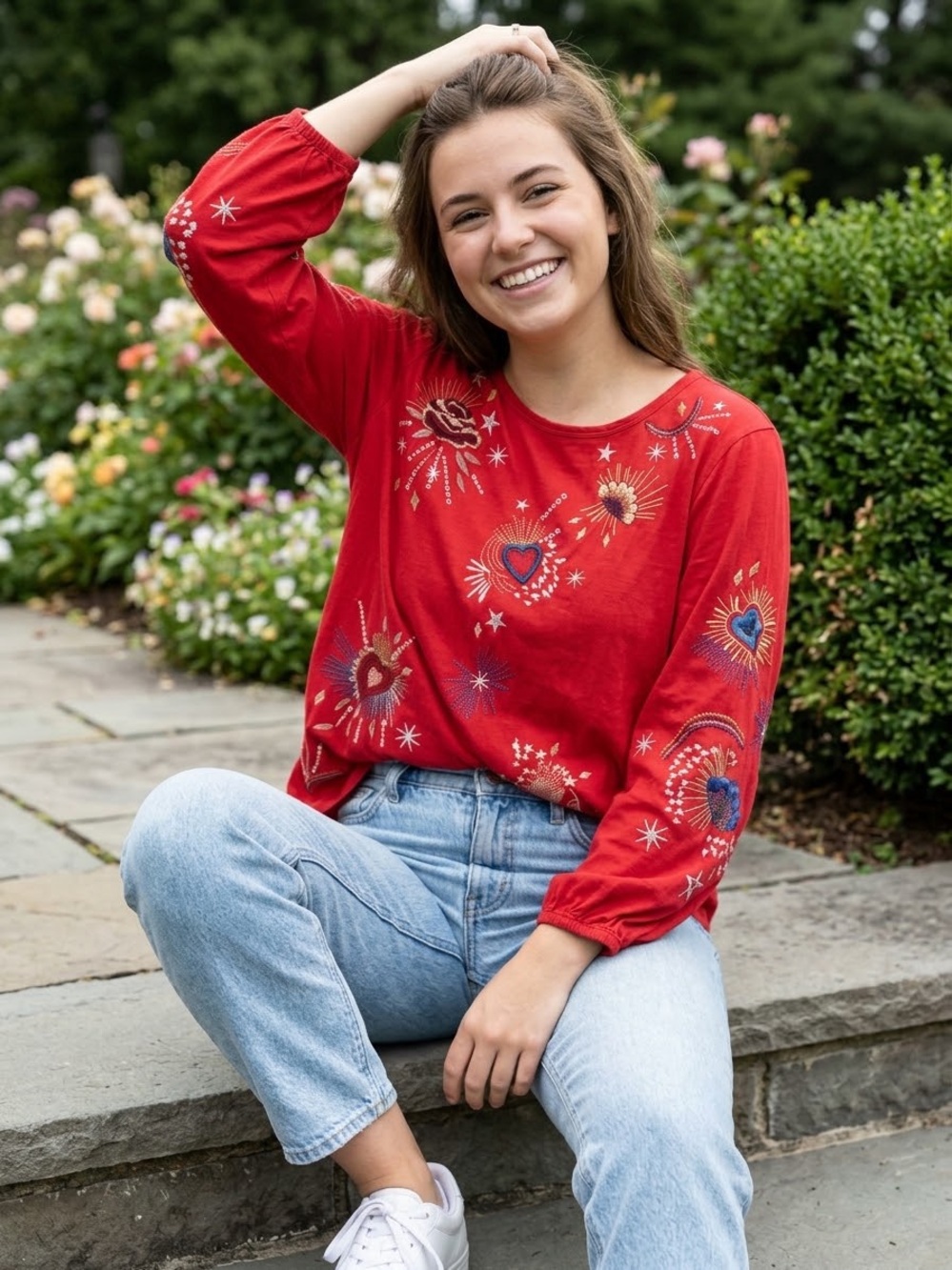 Johnny Was Maris Red Celestial Sacred Heart Embroidered Long Puff Sleeves size M